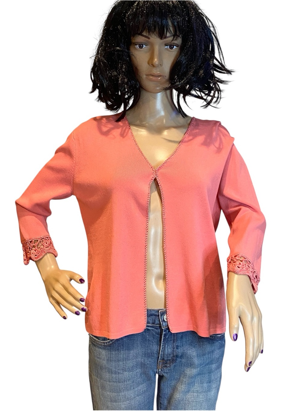 J.A.C. Vintage Y2K Coral Viscose Mat'l Open Cardigan Crochet Lace Trim Large VGC